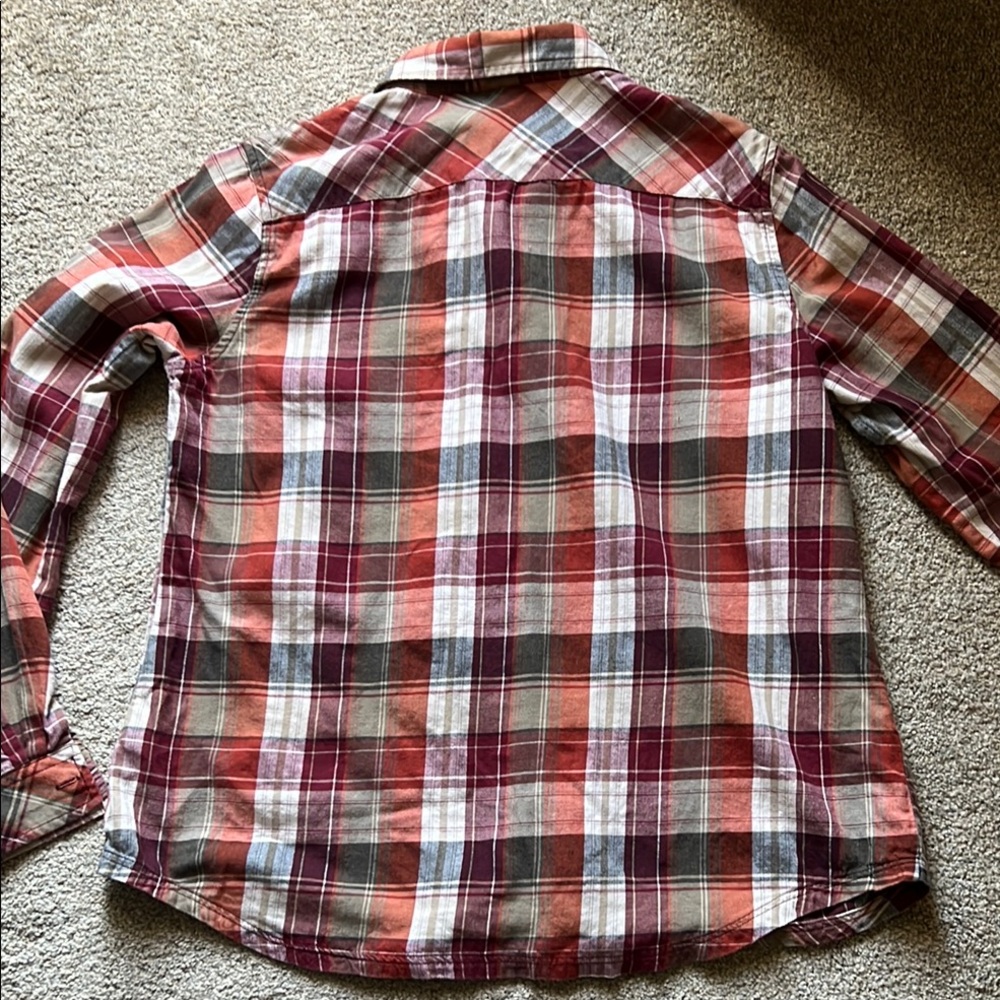 MERRELL Plaid Button Down 100% Cotton Women’s Large Burnt Orange Red Gray Pocket - Picture 8 of 11